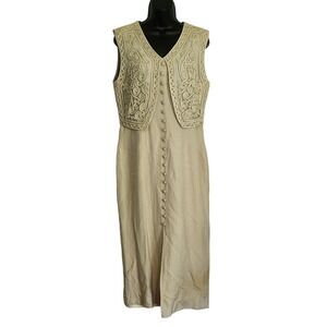 Vintage Appraisal Vested Linen Dress Sleeveless Midi Beige‎ Womens 11/12